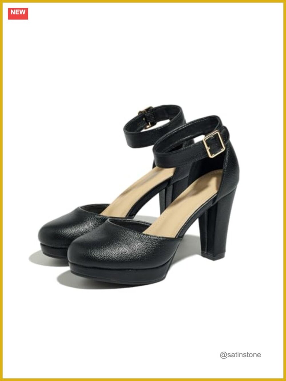 Women's High Block Heels Pumps PU Footbed Ankle Strap Anti-Slip